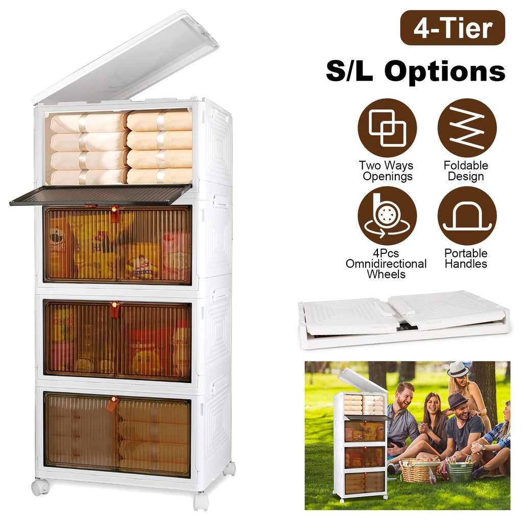 Total 76QT 4-Tier Foldable Storage Bins with Lid Front Magnetic Door Collapsible Stackable Closet Organizer Containers with 4Pcs 360° Rotatable Wheels