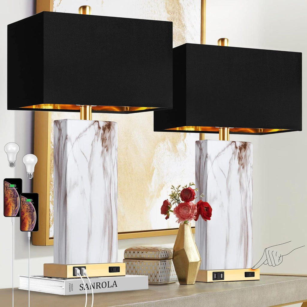 Touch Control Table Lamps Set of 2, Modern Contemporary Bedside Lamp with 2 USB Ports 1 AC Outlet