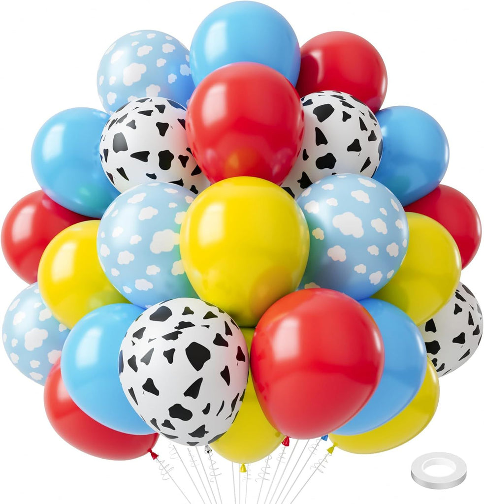 Toy Inspired Story Balloons, 60pcs 12 Inches Cow Pattern Cloud Yellow Red Blue with 1 Ribbon for Birthday Baby Shower Toy Inspired Story Themed Party Decorations