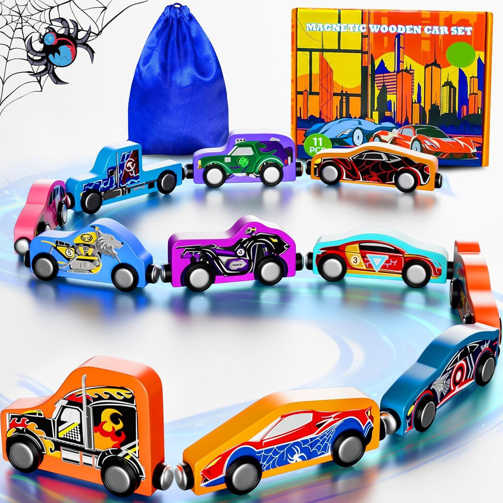 Toys for Boys Kids: 11 Magnetic Train Car Set, Spider-Toys for Boys, Travel Montessori Wooden Toy for Toddlers, Birthday Superhero Gifts for Kids