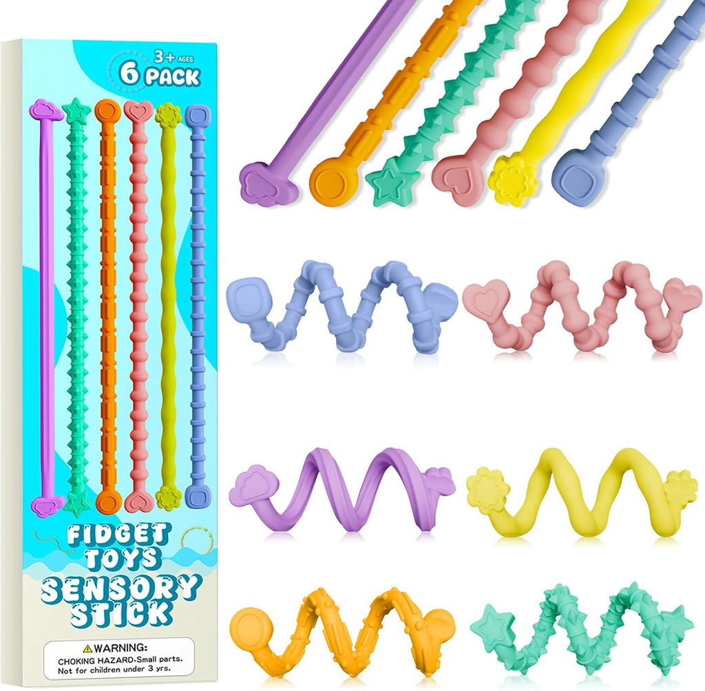 Toys Sensory Sticks for Kids Adults, 6PCS Textured Calming Silicone Toys,Quiet Classroom Office Desk Toy Anxiety Stress Relief Tools Calm Down Sensory Autism ADHD Kids,Christmas Gifts