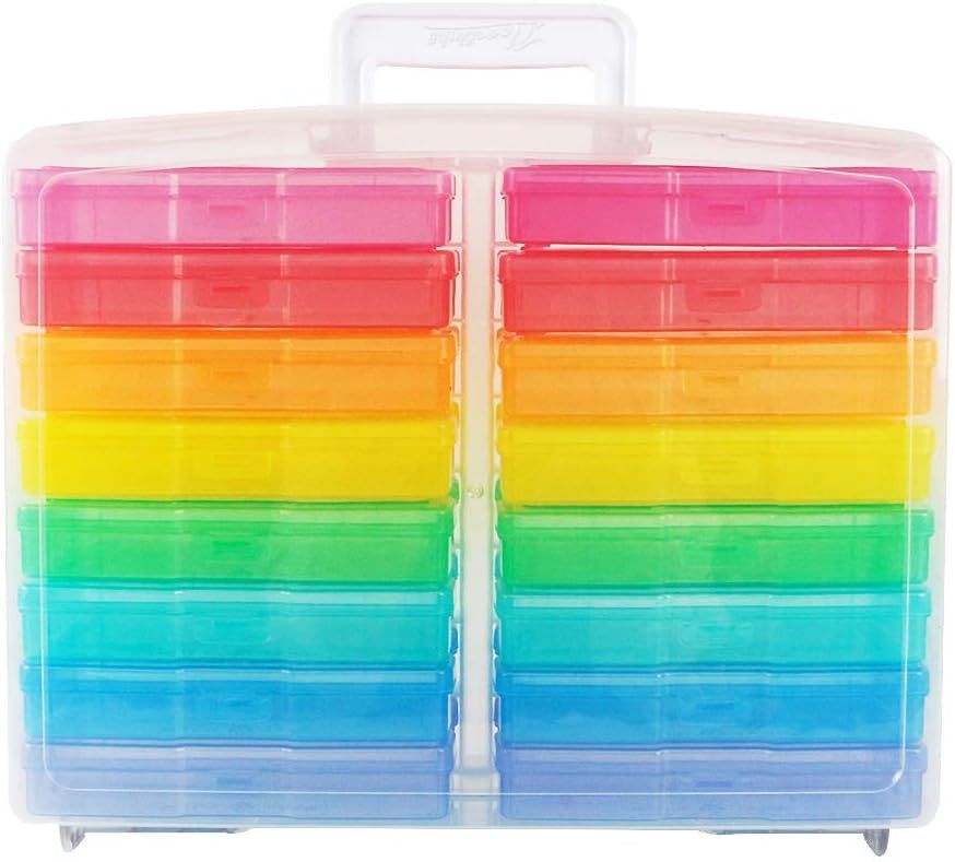 Transparent 4" x 6" Photo Cases and Clear Craft Keeper with Handle - 16 Inner Cases Plastic Storage Container Box (Multi-colored)