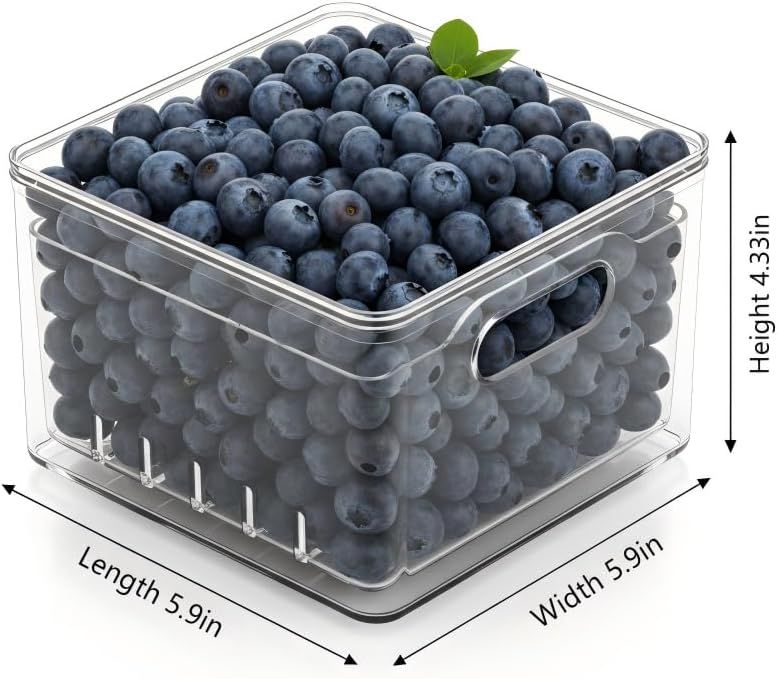 Transparent PET Fruit Draining and Washing colander food storage boxes plastic cookie containers refrigerator organizers (2, Square)