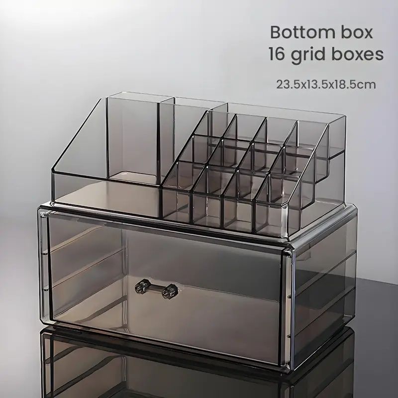 Transparent Plastic Desktop Organizer with 16-Compartment Top Box & Drawer Bottom - Jewelry, Cosmetics, Nail Art Accessory Storage Box, Polished Finish, Freestanding Countertop Organizer for Bathroom