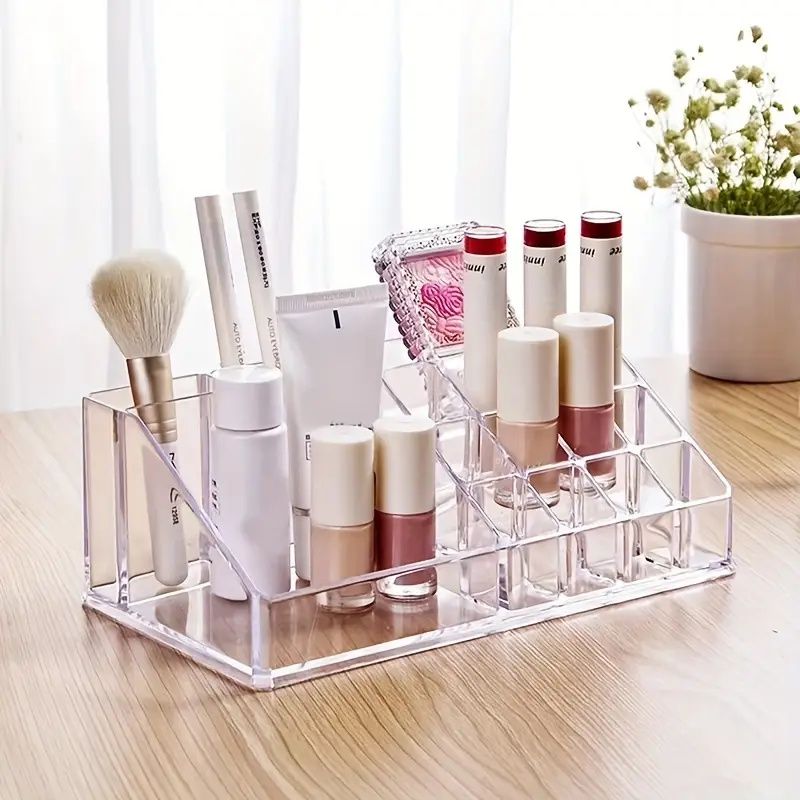 Transparent Plastic Desktop Organizer with 16-Compartment Top Box & Drawer Bottom - Jewelry, Cosmetics, Nail Art Accessory Storage Box, Polished Finish, Freestanding Countertop Organizer for Bathroom