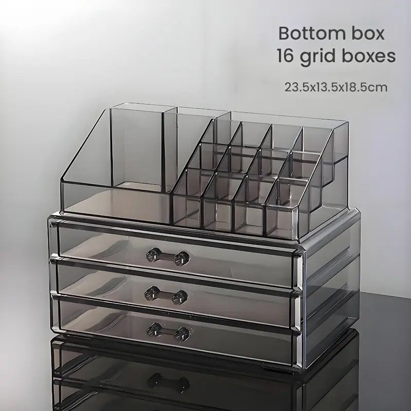 Transparent Plastic Desktop Organizer with 16-Compartment Top Box & Drawer Bottom - Jewelry, Cosmetics, Nail Art Accessory Storage Box, Polished Finish, Freestanding Countertop Organizer for Bathroom