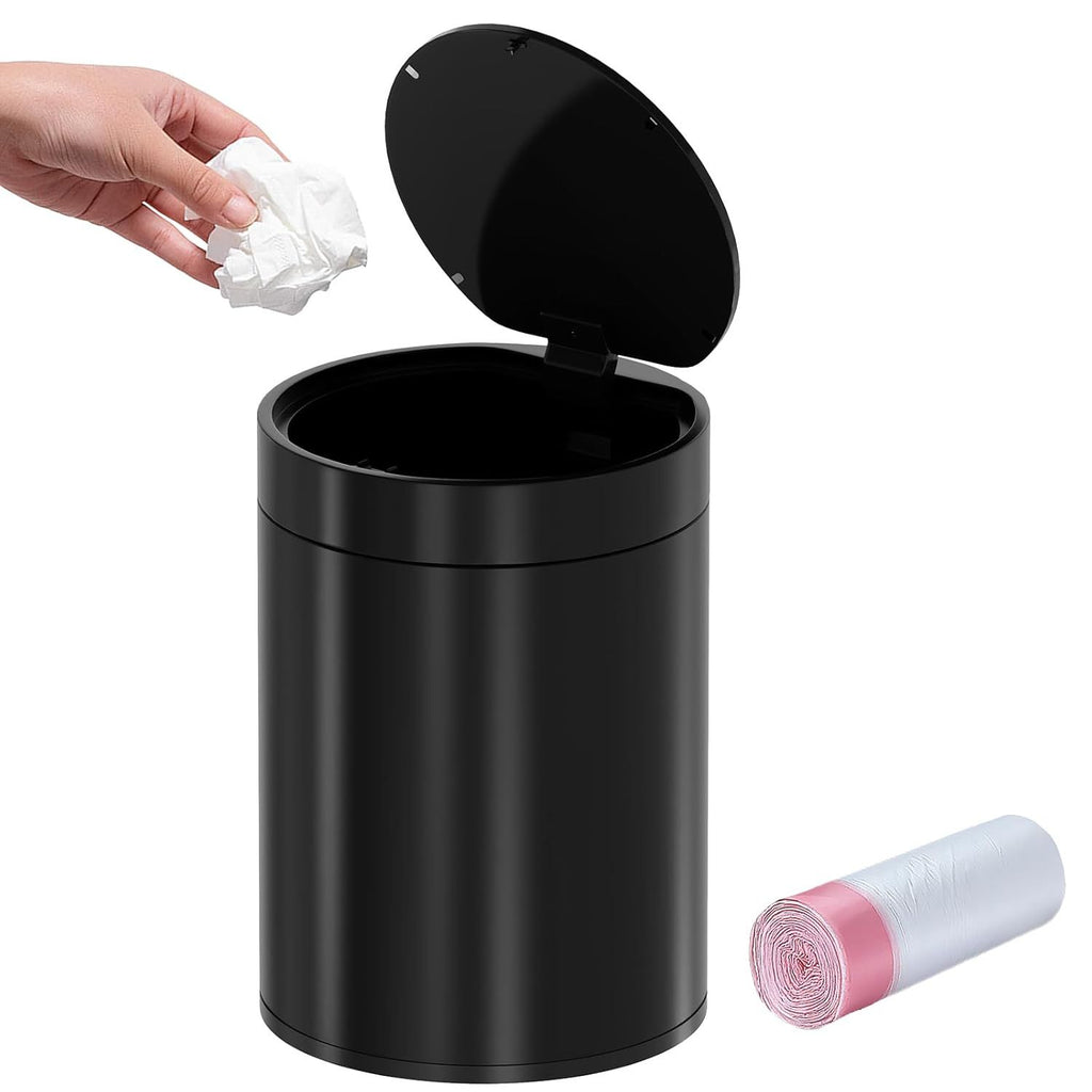 Trash Can for Desk with Pop Up Lid 1.5L Tiny Trash Can for Desk 0.4 Gal Stainless Steel mini Desk Trash can with Lid Small Counter Garbage Bin with 1 Roll Bags for Bathroom Office Black