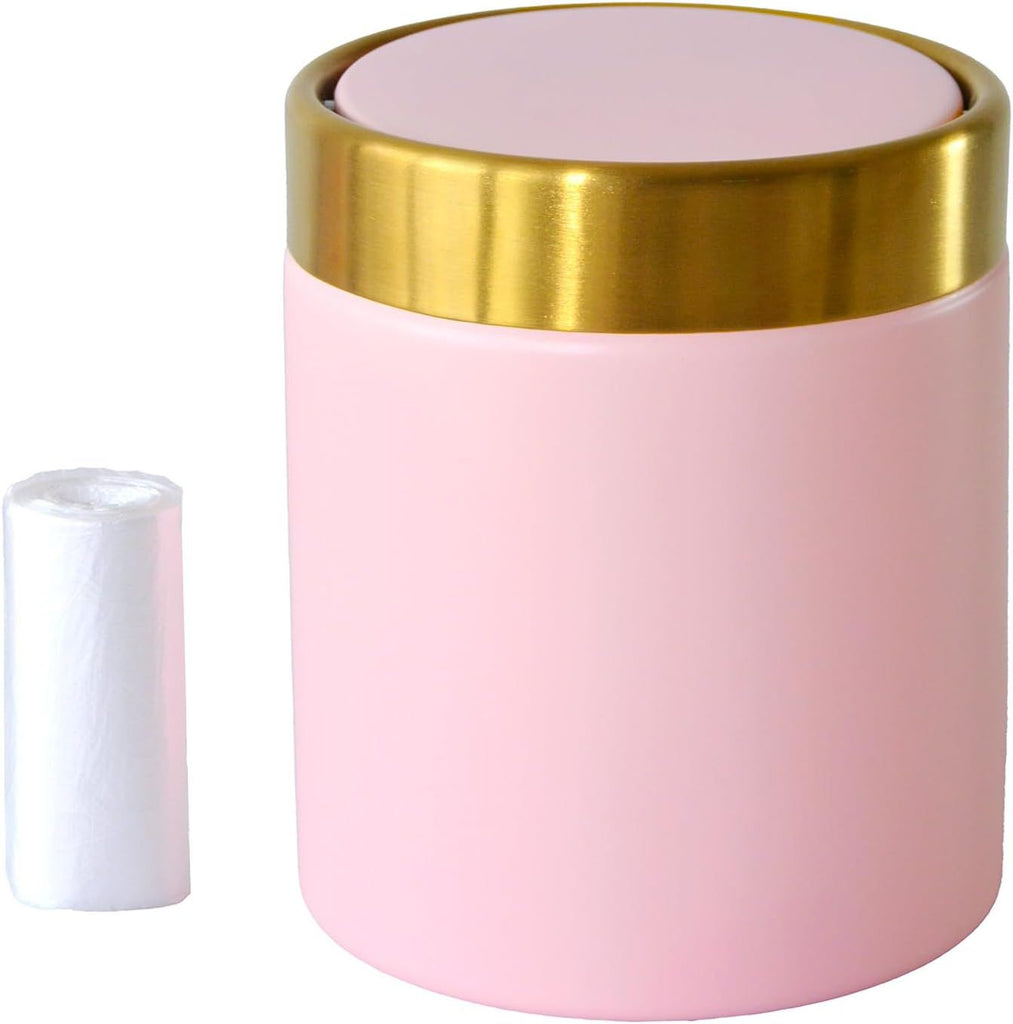 Trash Can with Lid, Metal Small Tiny Mini Trash Bin Can, Mini Countertop Trash Cans for Desk Car Office Kitchen, Swing Top Trash Bin 1.5 L/0.40 Gal (Pink)