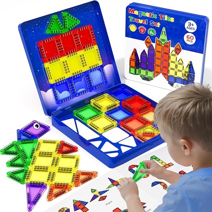 Travel Mini Magnetic Tiles 60 PCS, STEM Yoys Magnetic Building Toys for Kids Ages 4-8 with Iron Case, Blocks Building Preschool Learning Sensory Montessori Toys for 3+ Year Old Boys and Girls