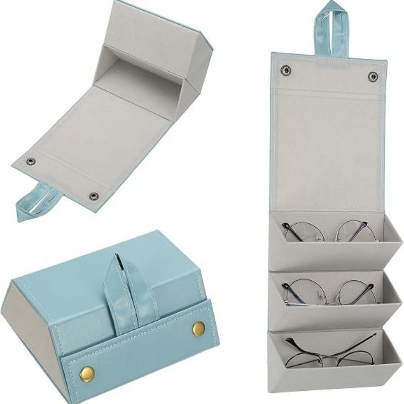 Travel Sunglasses Organizer, 3 Slot Foldable Sunglasses Holder Large Leather Sunglass Storage Organizer Case