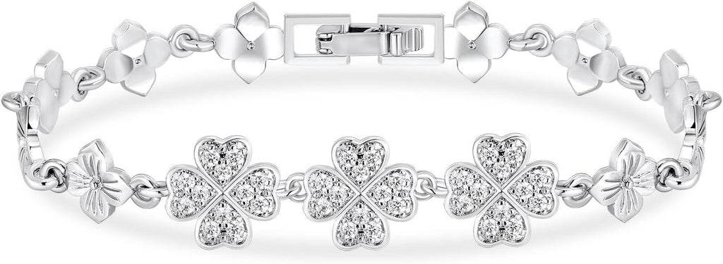 Trendy Tennis Bracelet White Gold Cubic Zirconias Bracelet for Women | Butterfly Clover Heart Bear Infinity Ball | Size 7.5 inches