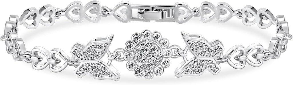 Trendy Tennis Bracelet White Gold Cubic Zirconias Bracelet for Women | Butterfly Clover Heart Bear Infinity Ball | Size 7.5 inches