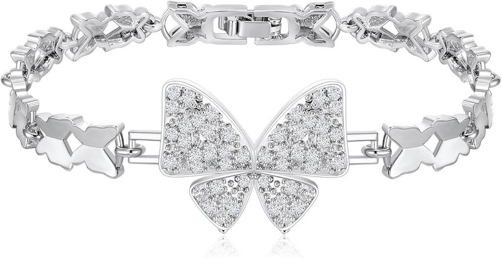 Trendy Tennis Bracelet White Gold Cubic Zirconias Bracelet for Women | Butterfly Clover Heart Bear Infinity Ball | Size 7.5 inches