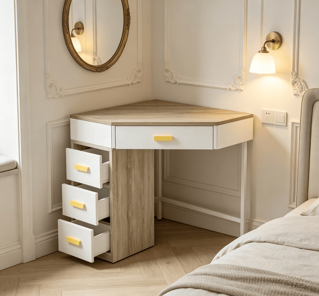 Triangle Computer Desk Corner Vanity Desk with 3 Drawers for Home Office Space Saving Design  Writing Desk