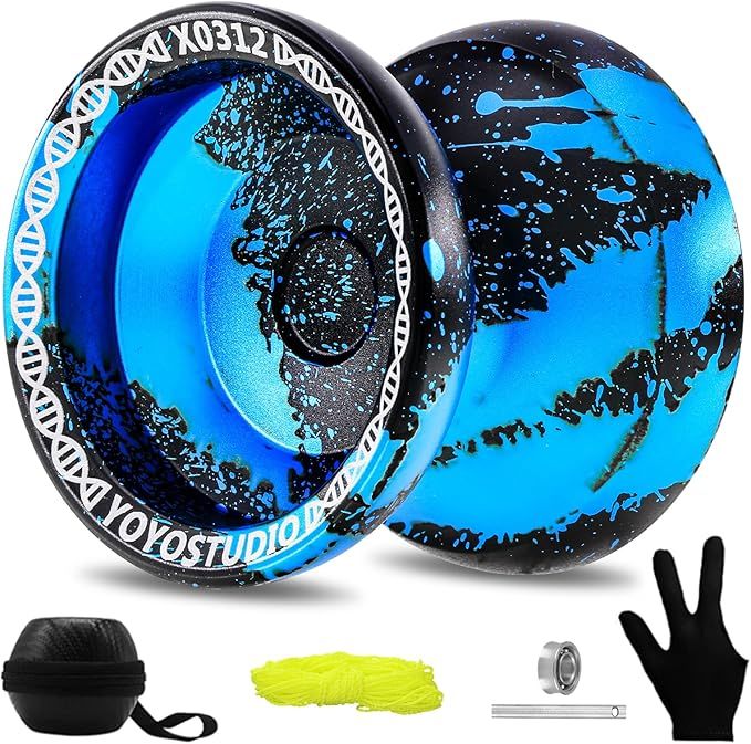 Trick Yoyo Professional Responsive Yoyo for Kids 8-12 or Above, Finger Spin Metal Yo yo for Adults with Unresponsive Yoyos Bearing Kit, 10 Yo-Yo Strings, Case & Glove - Black Blue