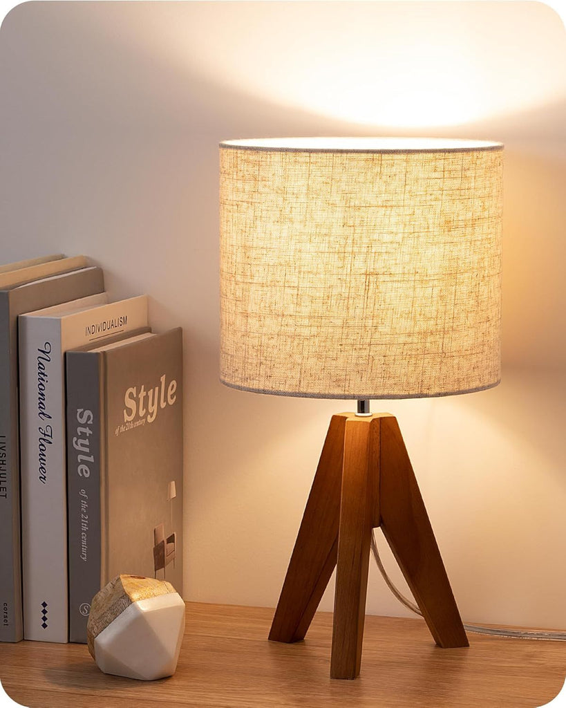 Tripod Table Lamp, Small Cute Bedside Lamp with Linen Beige Lampshade, Nightstand Lamp for Nursery, Bedroom, Kid Room, Living Room, Light Brown Wooden Base, E26 Socket, 14.2 Inch