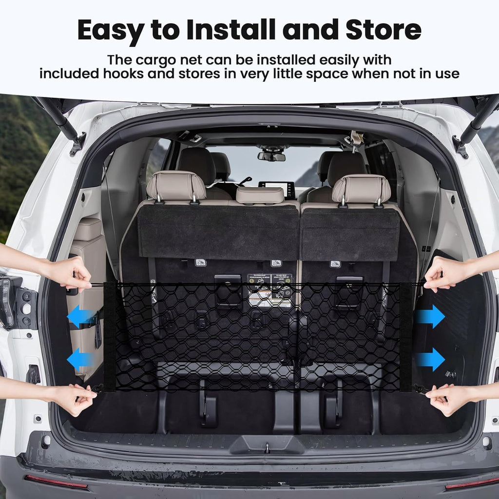 Trunk Cargo Net for Toyota Sienna 2021-2024 2025 Accessories Envelope Style Mesh Trunk Net Organizer and Storage Stretchable Adjustable Elastic Nylon Rear Cargo Netting with Hooks