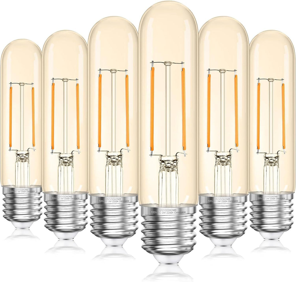 Tubular LED Edison Bulb 2200K Amber Warm Dimmable, 2W, 25 watt Equivalent, E26 LED Light Bulbs, T10 Edison Bulbs for Chandeliers, Ceiling Fan, 90+CRI 250LM, 6 Pack