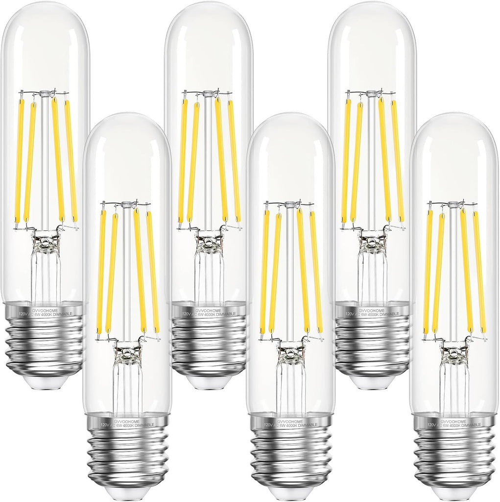Tubular LED Edison Bulb Dimmable 4000K Neutral White, 6W, 60 watt Equivalent, E26 LED Light Bulbs, T10 Edison Bulbs for Chandeliers, Ceiling Fan, 90+CRI 600LM, 6 Pack