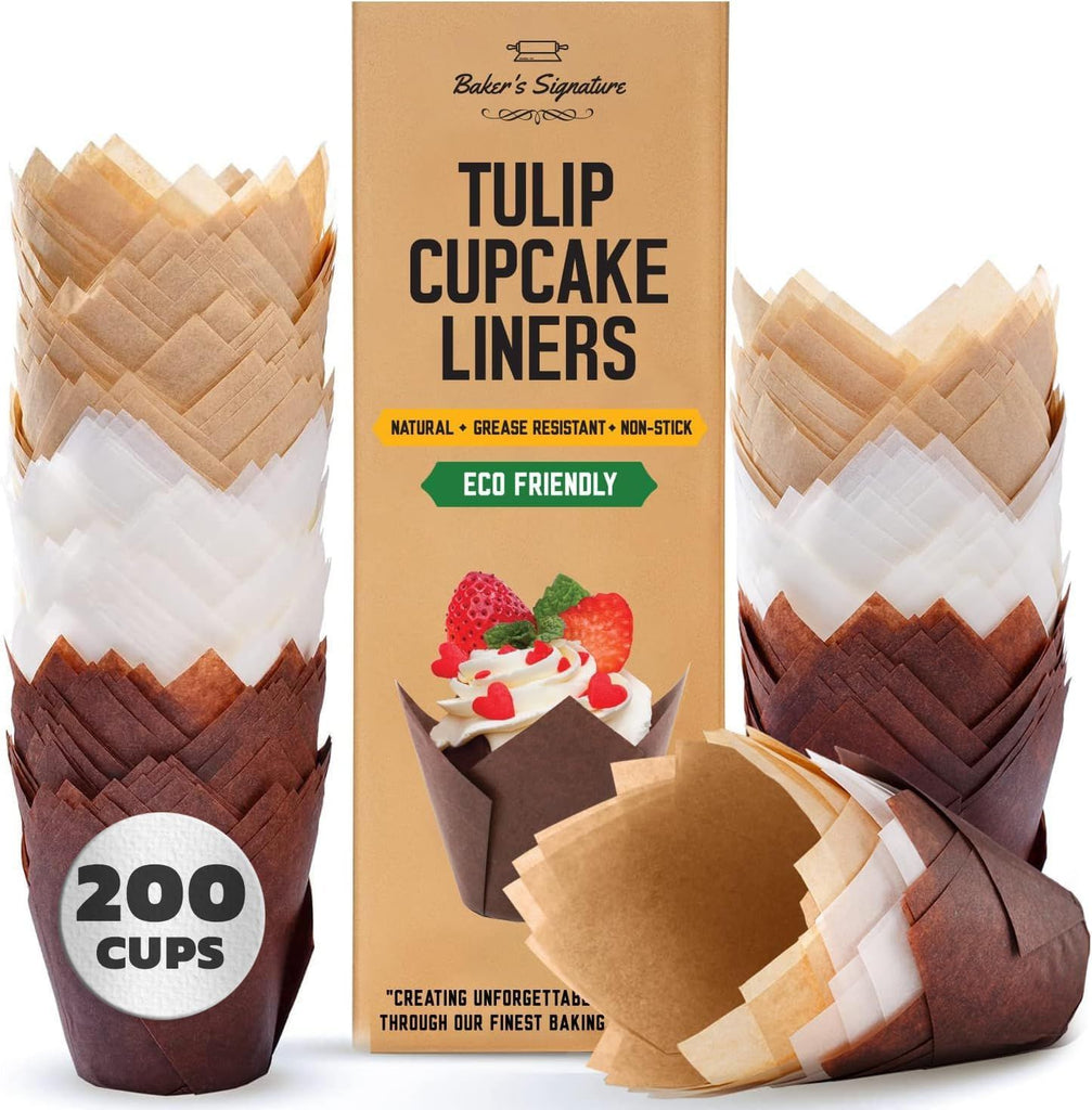 Tulip Cupcake Liners, Muffin Liners for Baking by  200pcs of Parchment Paper Cups Cupcake Wrappers – Perfect Size, Sturdy, Greaseproof & Easy to Use – Beige White Brown