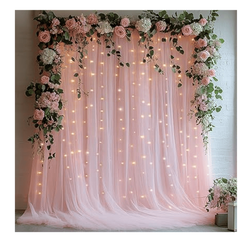 Tulle Curtain Backdrop with 300 LED Fairy Lights for Parites Wrinkle-Free Sheer Curtain Drapes Photo Back Drop for Wedding Baby Shower Bridal Shower Birthday Dance Home Décor - 10ft×10ft, Pink