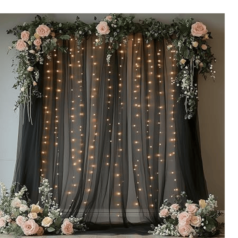 Tulle Curtain Backdrop with 300 LED Fairy Lights for Parites Wrinkle-Free Sheer Curtain Drapes Photo Back Drop for Wedding Baby Shower Bridal Shower Birthday Dance Home Décor- 10ft×10ft, Black