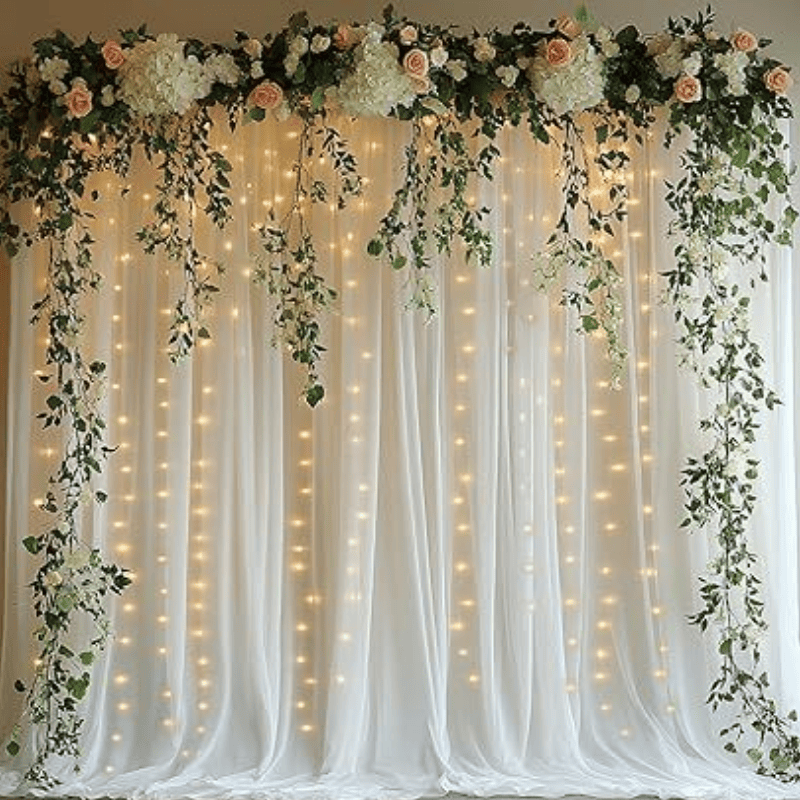 Tulle Curtain Backdrop with 300 LED Fairy Lights for Parites Wrinkle-Free Sheer Curtain Drapes Photo Back Drop for Wedding Baby Shower Bridal Shower Birthday Dance Home Décor- 10ft×10ft, White