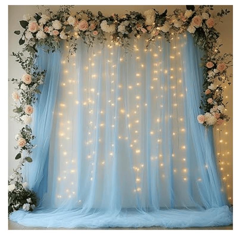 Tulle Curtain Backdrop with 300 LED Fairy Lights for Parites Wrinkle-Free Sheer Curtain Drapes Photo Back Drop for Wedding Baby Shower Bridal Shower Birthday Home Décor - 10ft×10ft, Baby Blue