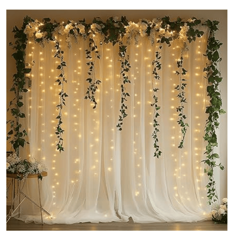 Tulle Curtain Backdrop with 300 LED Fairy Lights for Parites Wrinkle-Free Sheer Curtain Drapes Photo Back Drop for Wedding Baby Shower Bridal Shower Birthday Home Décor - 10ft×10ft, Ivory