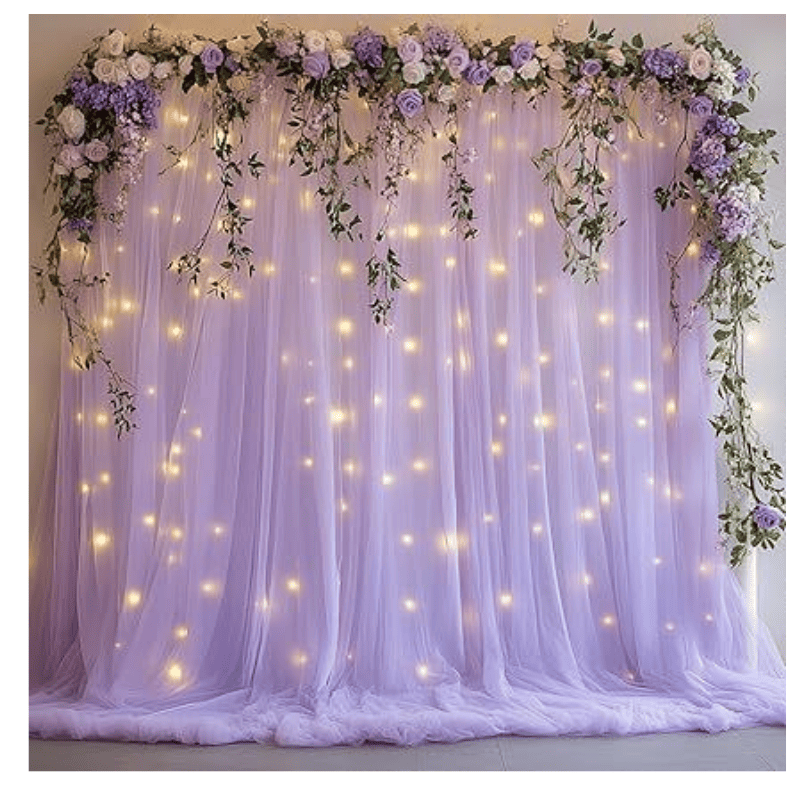 Tulle Curtain Backdrop with 300 LED Fairy Lights for Parites Wrinkle-Free Sheer Curtain Drapes Photo Back Drop for Wedding Baby Shower Bridal Shower Birthday Home Décor - 10ft×10ft, Lavender