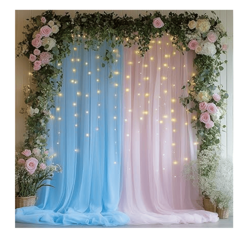 Tulle Curtain Backdrop with 300 LED Fairy Lights for Parites Wrinkle-Free Sheer Curtain Drapes Photo Back Drop for Wedding Baby Shower Bridal Shower Birthday Home Décor - 10ft×10ft, Pink Blue