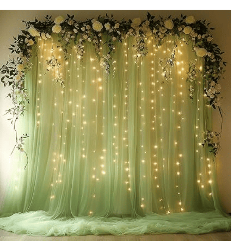 Tulle Curtain Backdrop with 300 LED Fairy Lights for Parites Wrinkle-Free Sheer Curtain Drapes Photo Back Drop for Wedding Baby Shower Bridal Shower Birthday Home Décor - 10ft×10ft, Sage Green
