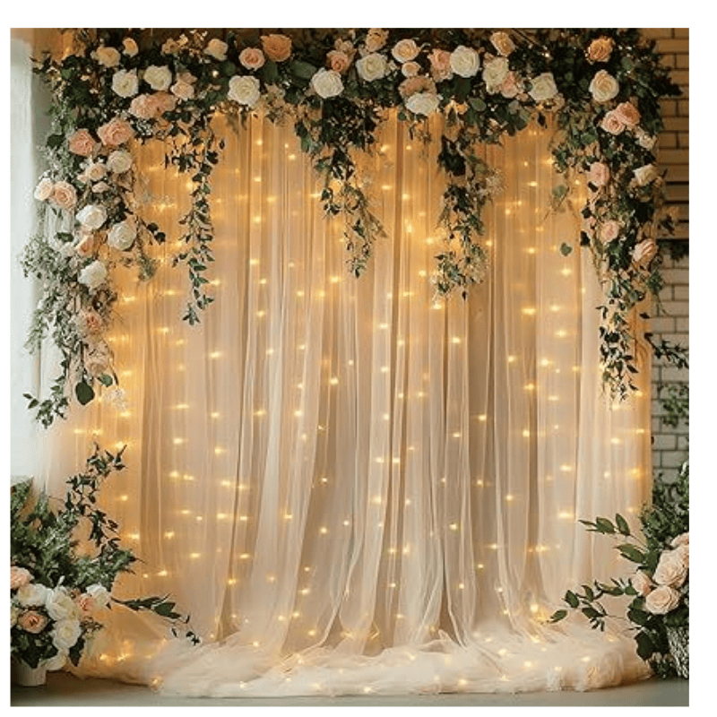 Tulle Curtain Backdrop with 300 LED Fairy Lights for Parities Wrinkle-Free Sheer Curtain Drapes Photo Back Drop for Wedding Baby Shower Bridal Shower Birthday Home Décor-10ft×10ft, Champagne