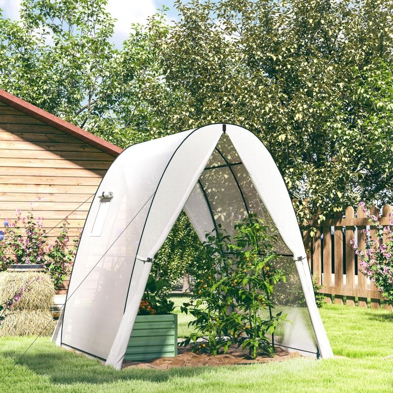 Tunnel Hoop House Greenhouse with Sandbags and Hemmed PE Cover, 2 Doors and Screen Windows, 6' x 6' x 6.6', White