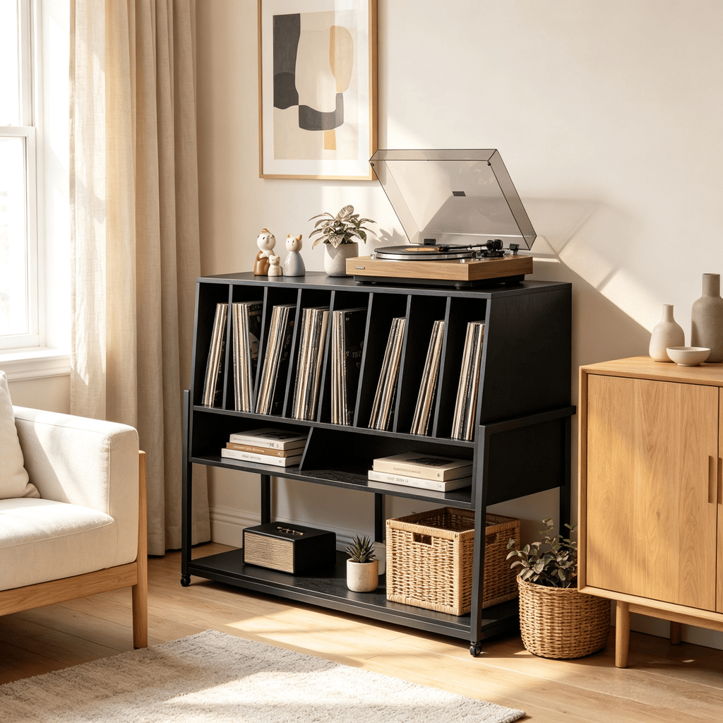 Turntable Stand with Charging Station And Vinyl Storage Shelves for Music Lovers And Collectors