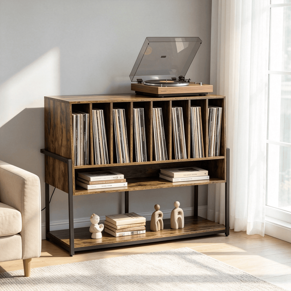 Turntable Stand with Charging Station And Vinyl Storage Shelves for Music Lovers And Collectors