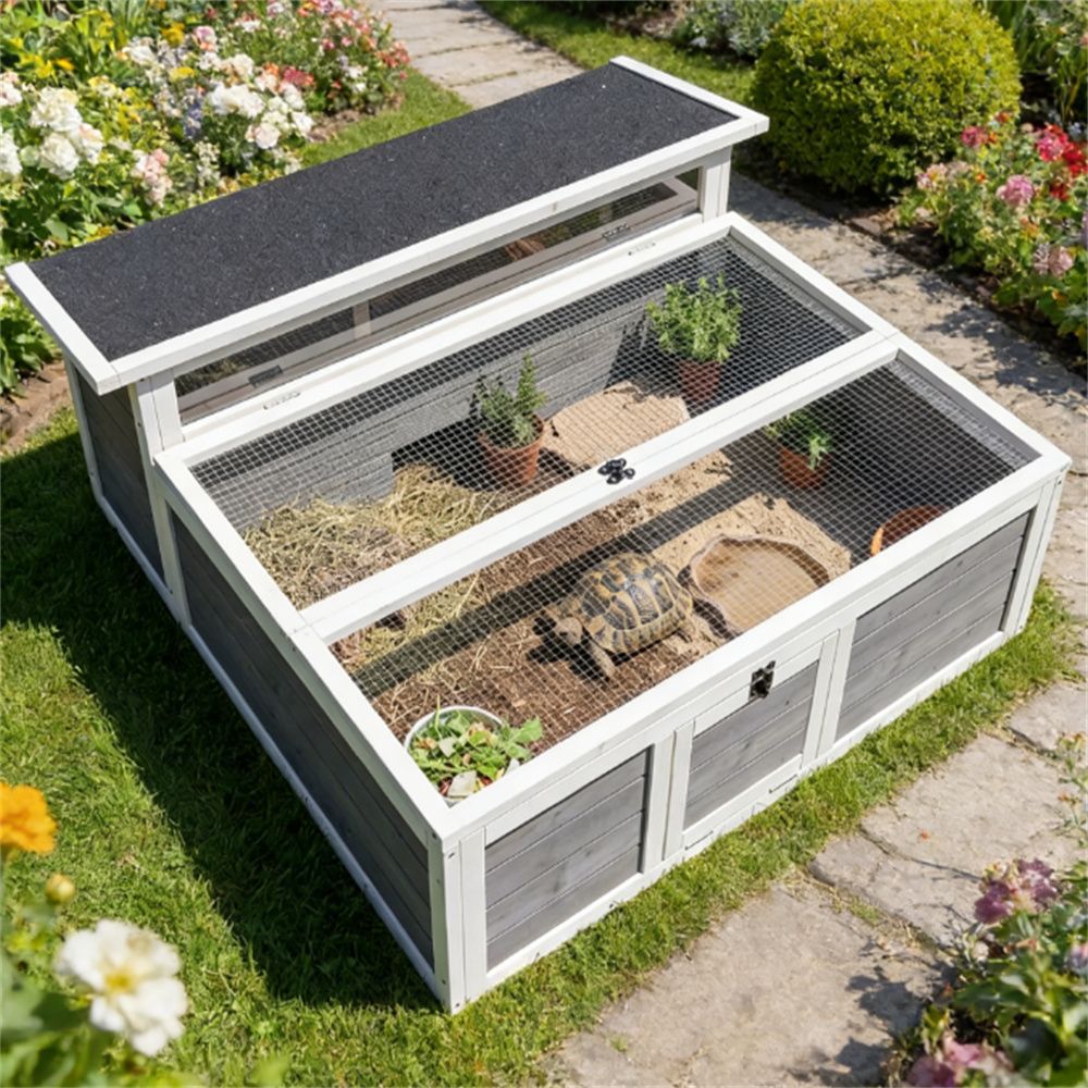 Turtle habitat, wooden turtle house, dark gray