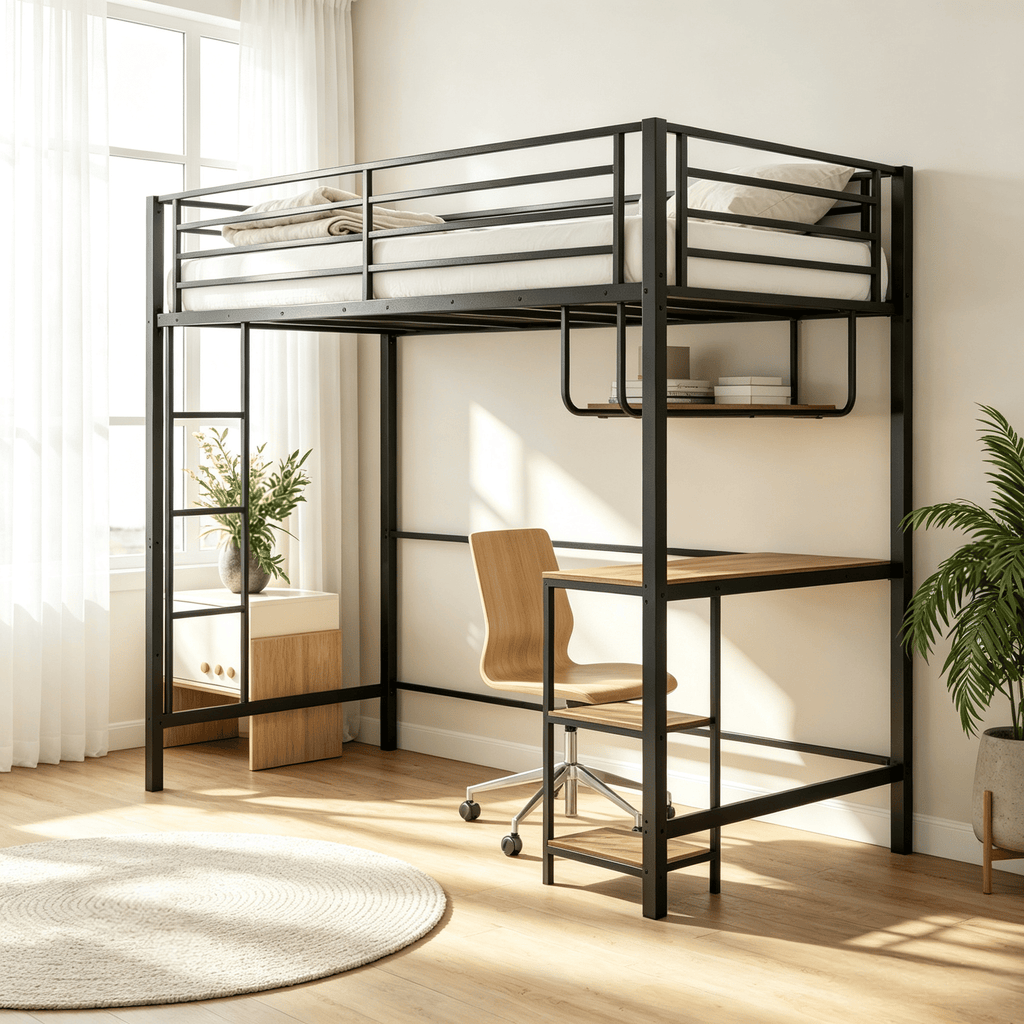 Twin Loft Bed with Desk Built-in LED Lights And Charging Station Heavy-Duty Metal Bed Frame with Guardrail for Youth