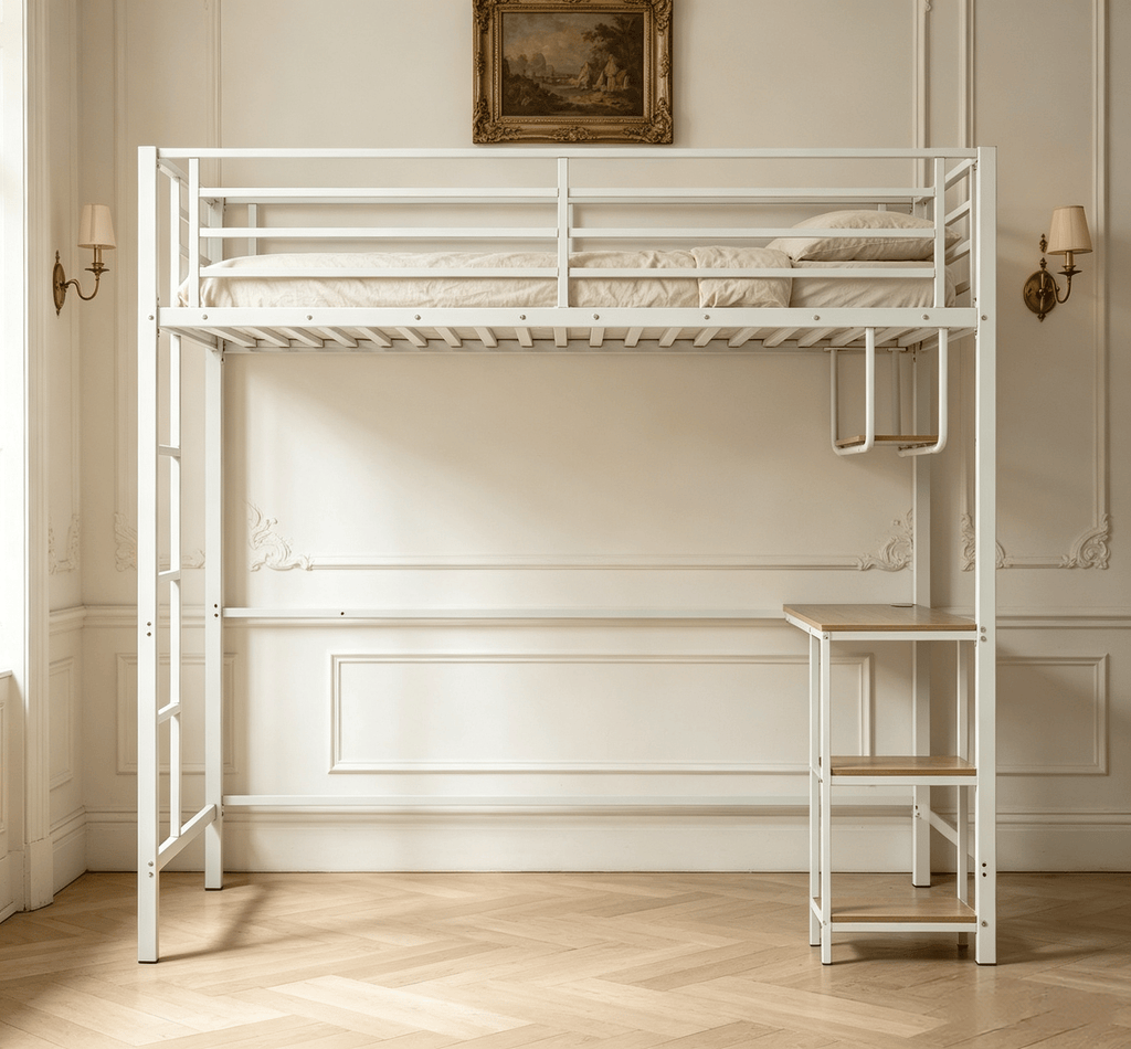 Twin Loft Bed with Desk Built-in LED Lights And Charging Station Heavy-Duty Metal Bed Frame with Guardrail for Youth