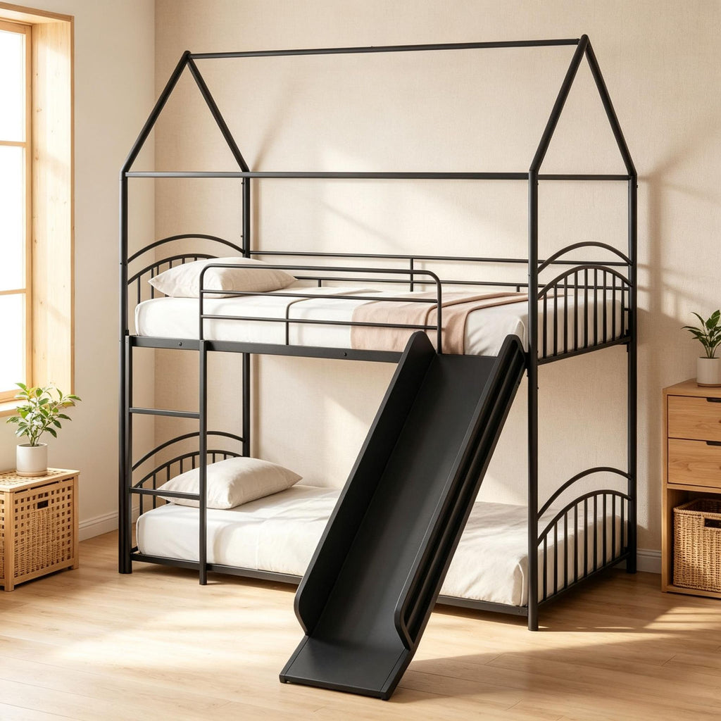 Twin over Twin Bunk Bed Frame House Style with Metal Slats - for Sleeping Quarters