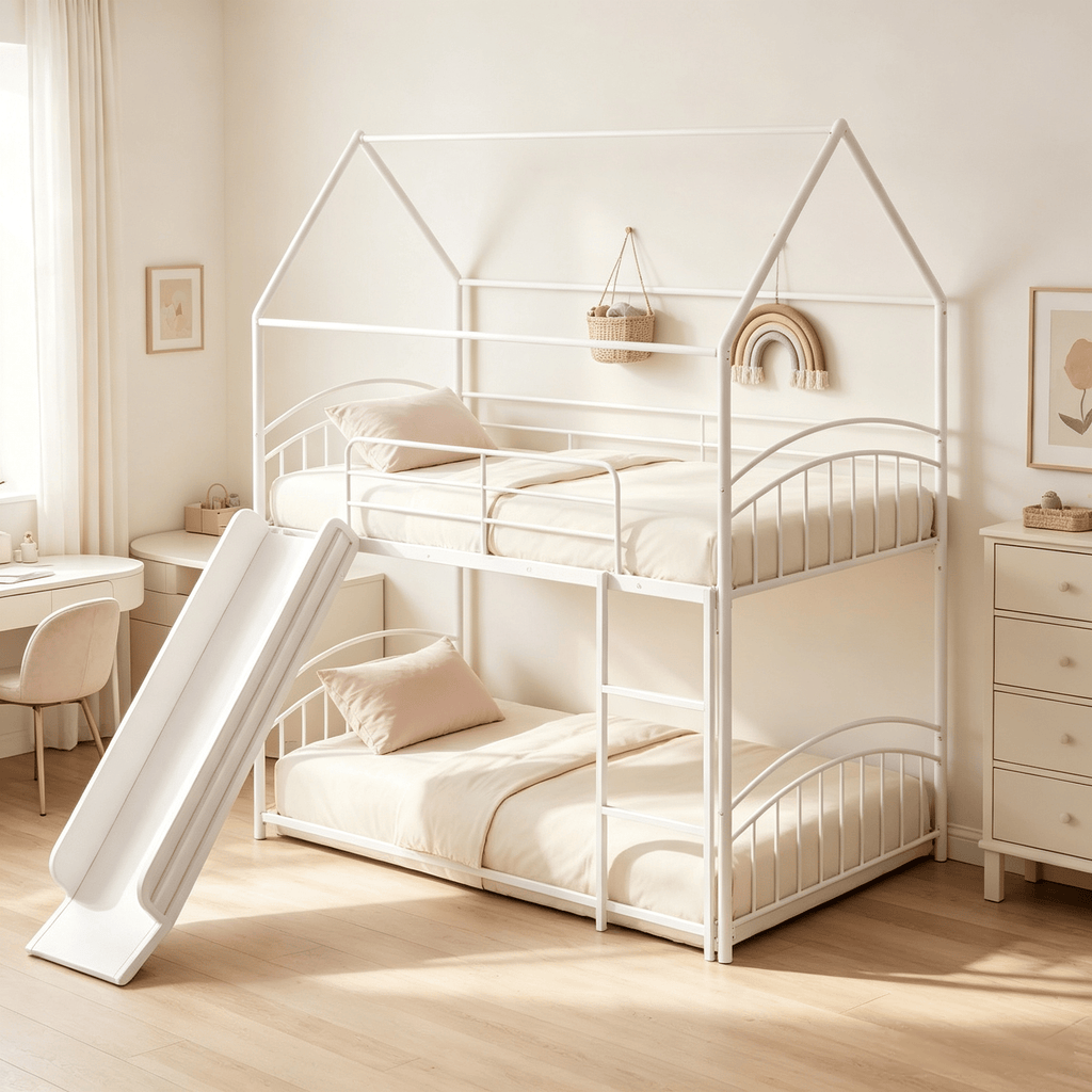 Twin over Twin Bunk Bed Frame House Style with Metal Slats - for Sleeping Quarters