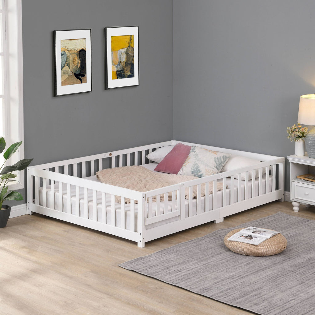 Twin Size Floor Bed with Door, Solid Wood Platform Bed Frame with Fence, Suitable for children, Pine Wood