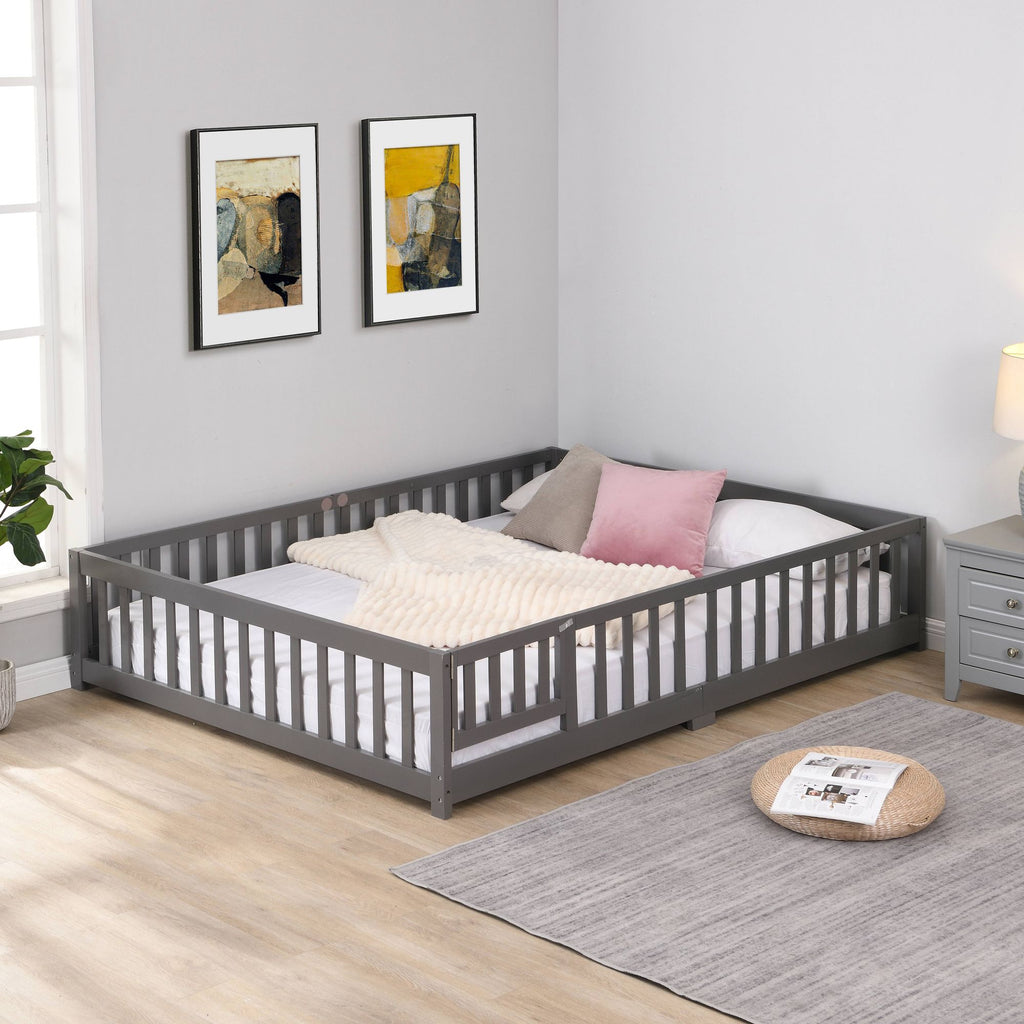 Twin Size Floor Bed with Door, Solid Wood Platform Bed Frame with Fence, Suitable for children, Pine Wood
