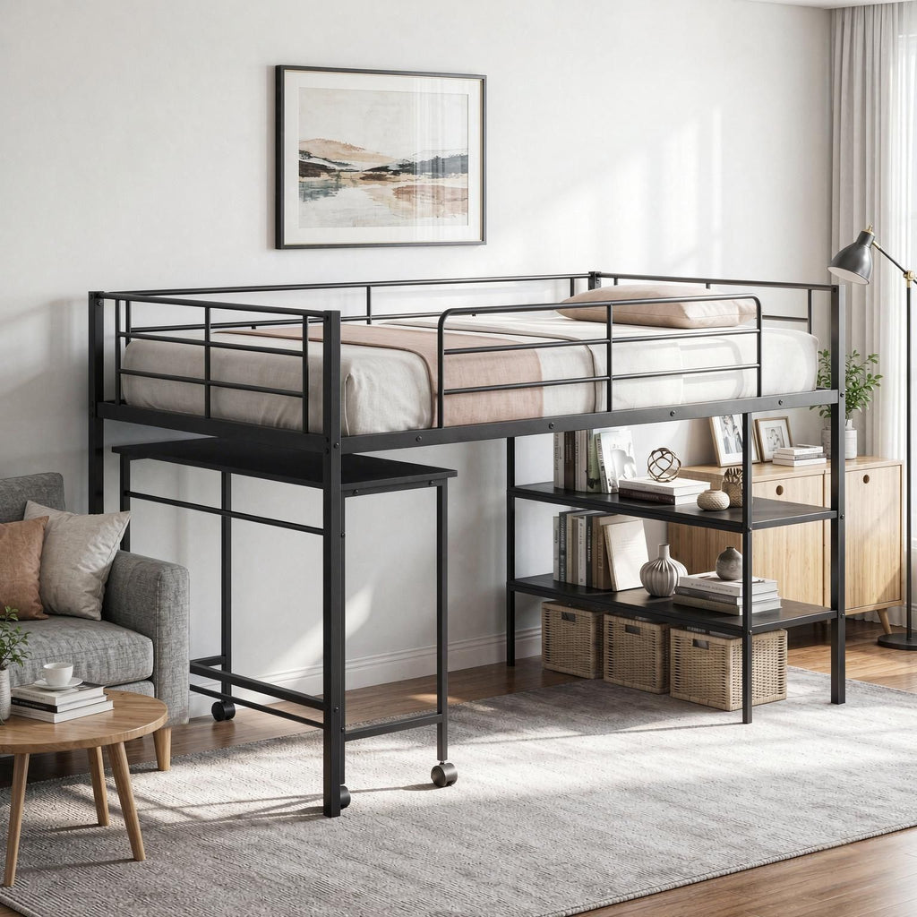 Twin Size Loft Bed with Rolling Desk And Bookshelf - Platform Bed Frame for Efficient Space Utilization