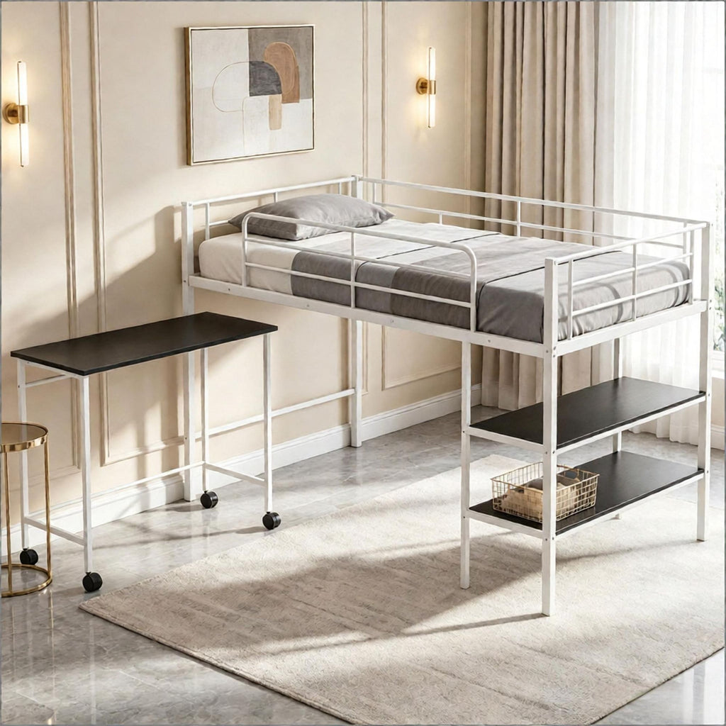 Twin Size Loft Bed with Rolling Desk And Bookshelf - Platform Bed Frame for Efficient Space Utilization