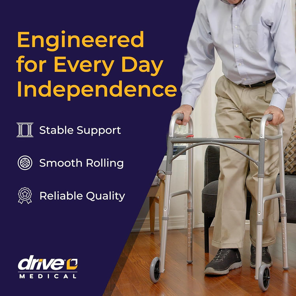 Two-Button Folding Walker With Wheels - Lightweight Rolling Mobility Support - Adjustable Height - Dual Push-Button Operation - 5 Inch Front Wheels - Durable Aluminum - Silver