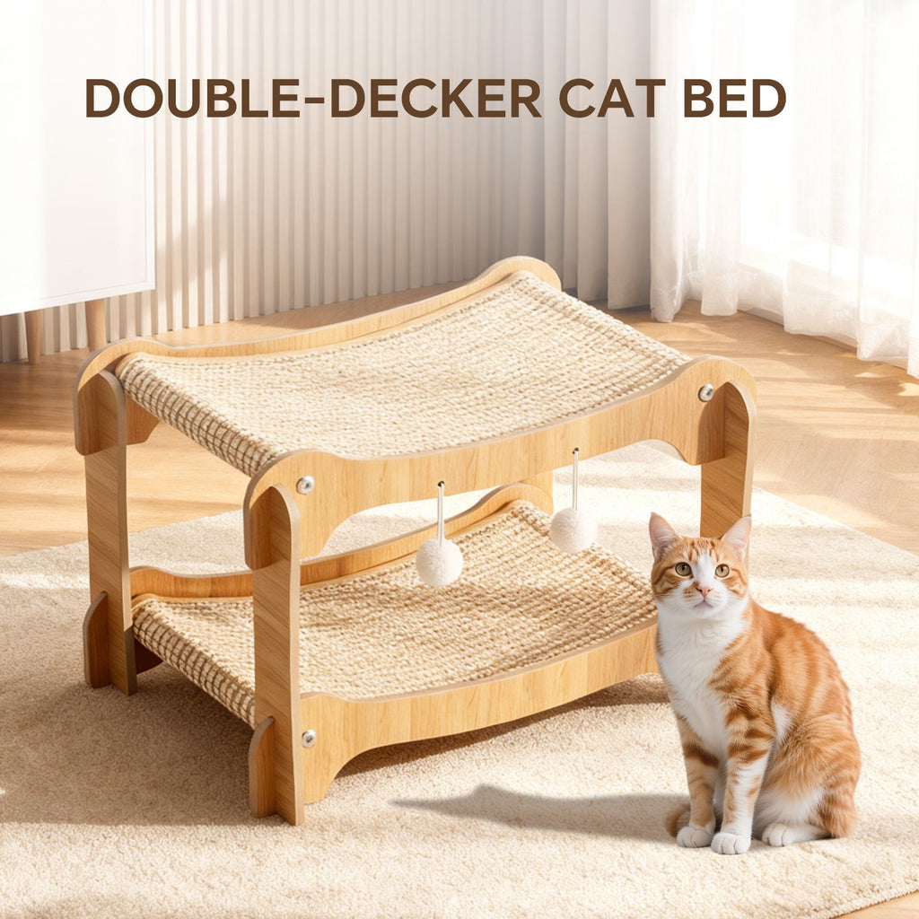 Two-Level Sisal Cat Scratcher Bed - Sturdy Cat Scratching Post with Scratch Pad&Hammock Bed, Comfortable Cats Bed for Indoor Kittens&Adult Cats -Sturdy Wooden Frame,Protect Furniture