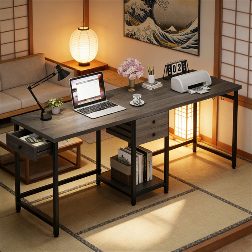 Two person office desk, computer desk, writing desk, study desk, with 2 drawers