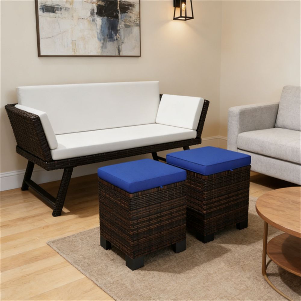 Two piece outdoor stool, rattan foot pad with cushion, terrace stool, footstool, dark blue
