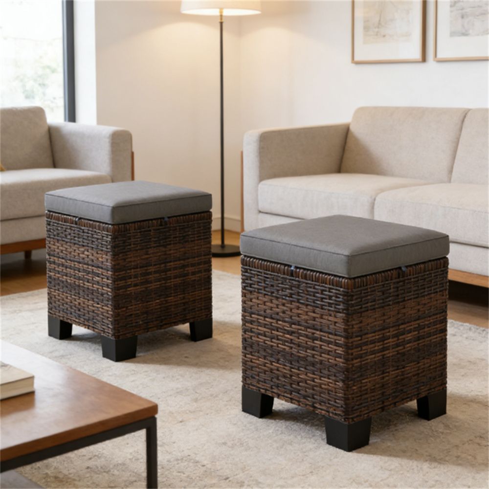 Two piece outdoor stool, rattan foot pad with cushion, terrace stool, footstool